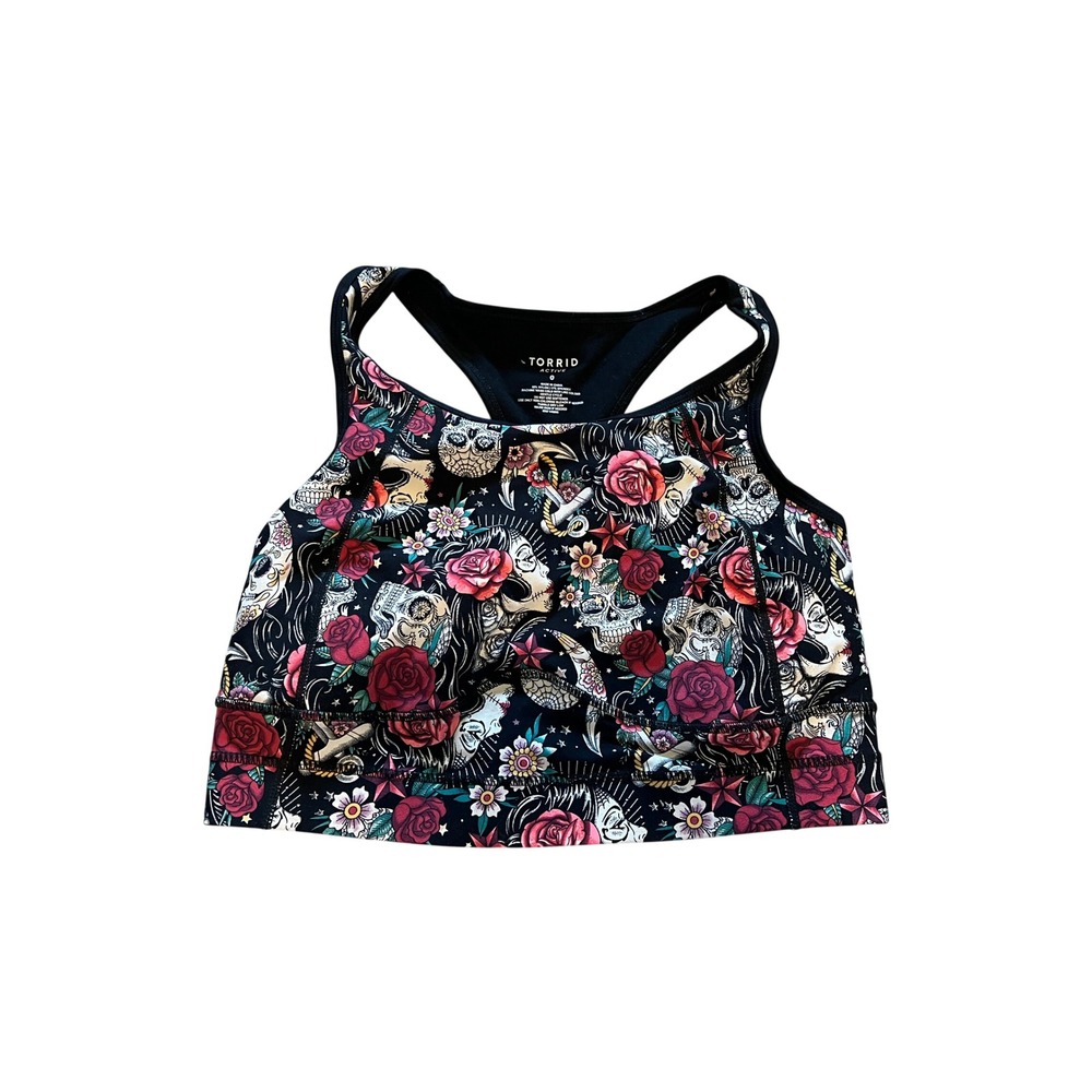 Torrid Active Sugar Skull Tattoo Print Racerback Sports Bra Black Size 0 XL